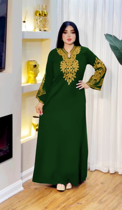 جلابيه قطن بياقه لون اخضر مطرزه