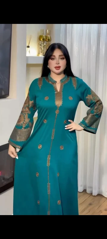 جلابية قطن تركواز بتطريز ذهبي