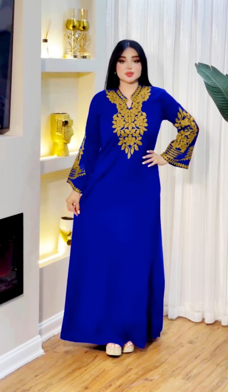 جلابيه قطن بياقه لون ازرق مطرزه